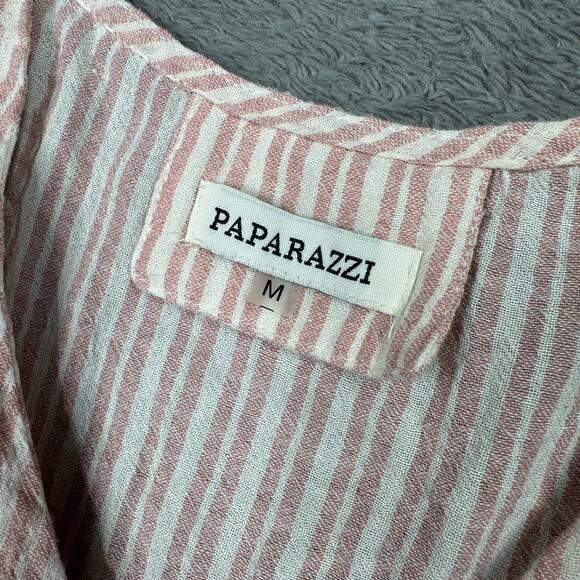 Paparazzi Floral Embroidered Pin Stripe Tie Front Button Up Blouse Shirt M Linen - Picture 4 of 7